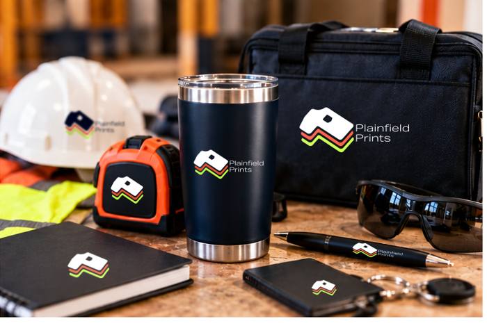 Branded tumbler, tape measure and bag